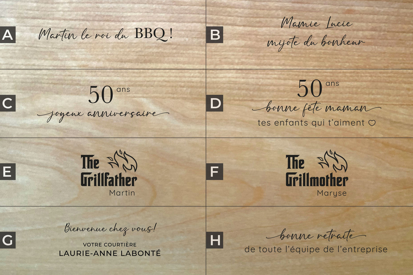 Personnalisation sur planche à découper ou plateau de service en bois massif – idéale pour un cadeau élégant, pratique et touchant – parfaite pour les cadeaux corporatifs d’entreprise – fait à la main au Québec – Shop Boréale / Customization on solid wood cutting board or serving tray – ideal for an elegant, practical and meaningful gift – perfect for corporate business gifts – handmade in Quebec – Shop Boréale