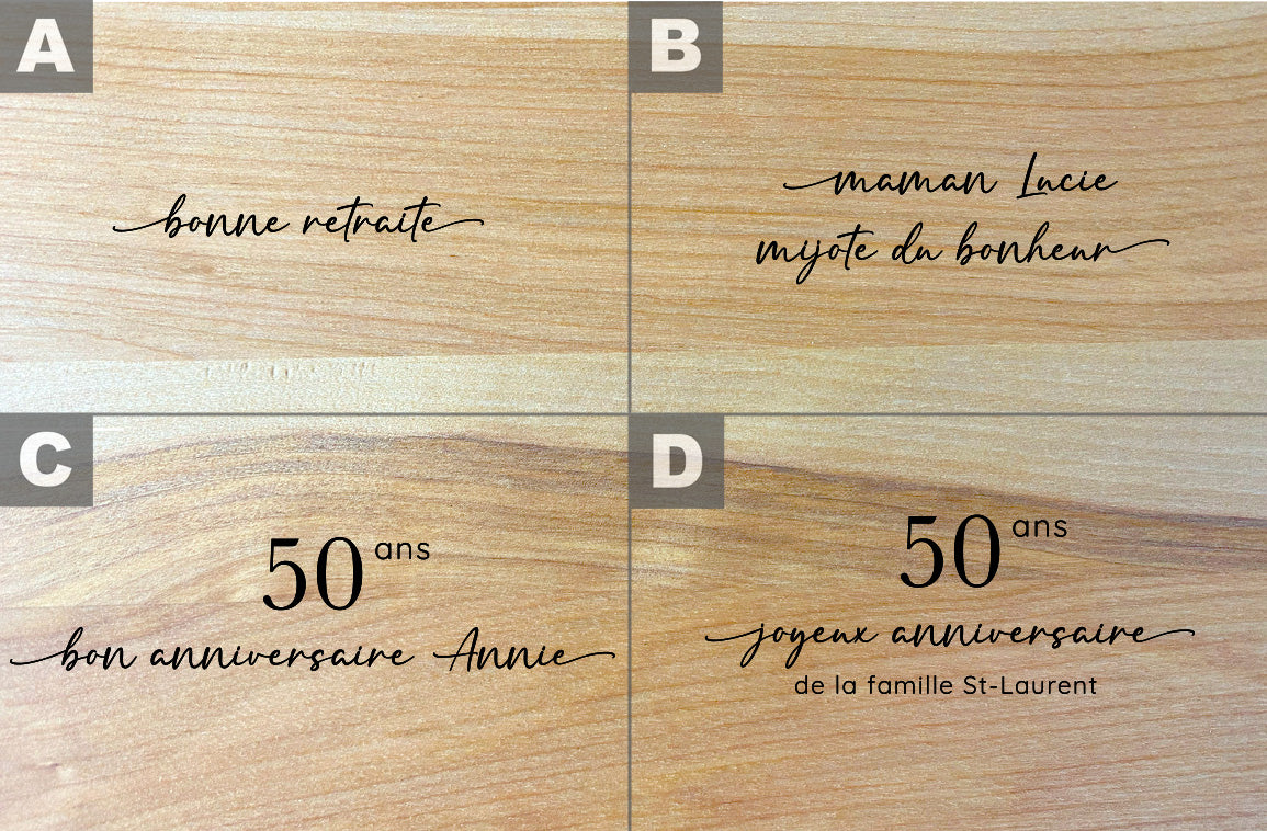 Personnalisation sur planche à découper ou plateau de service en bois massif – idéale pour un cadeau élégant, pratique et touchant – parfaite pour les cadeaux corporatifs d’entreprise – fait à la main au Québec – Shop Boréale / Customization on solid wood cutting board or serving tray – ideal for an elegant, practical and meaningful gift – perfect for corporate business gifts – handmade in Quebec – Shop Boréale