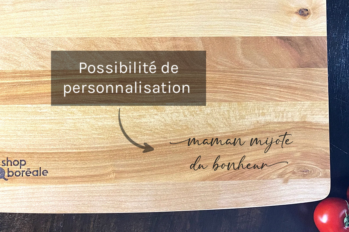 Planche à découper en bois massif artisanale et personnalisable, robuste et idéale pour viande, légumes et cuisine quotidienne – faite à la main au Québec – Shop Boréale / Handcrafted solid wood customizable cutting board, durable and perfect for meat, vegetables and daily cooking – handmade in Quebec – Shop Boréale