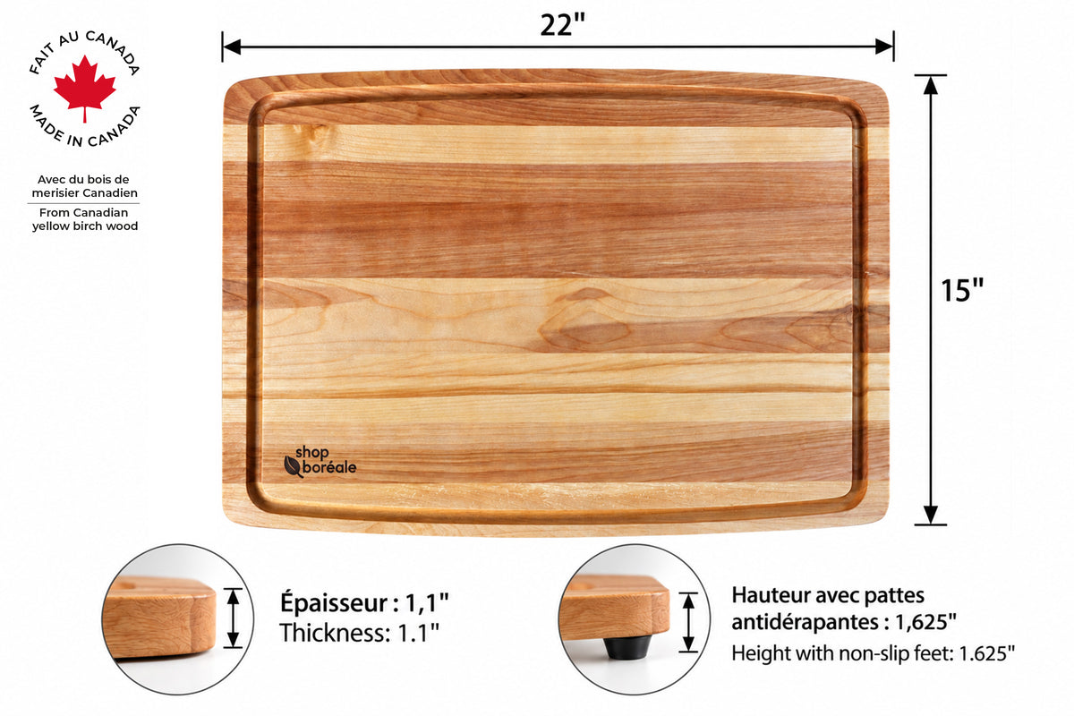 Planche à découper en bois massif artisanale et personnalisable, robuste et idéale pour viande, légumes et cuisine quotidienne – faite à la main au Québec – Shop Boréale / Handcrafted solid wood customizable cutting board, durable and perfect for meat, vegetables and daily cooking – handmade in Quebec – Shop Boréale
