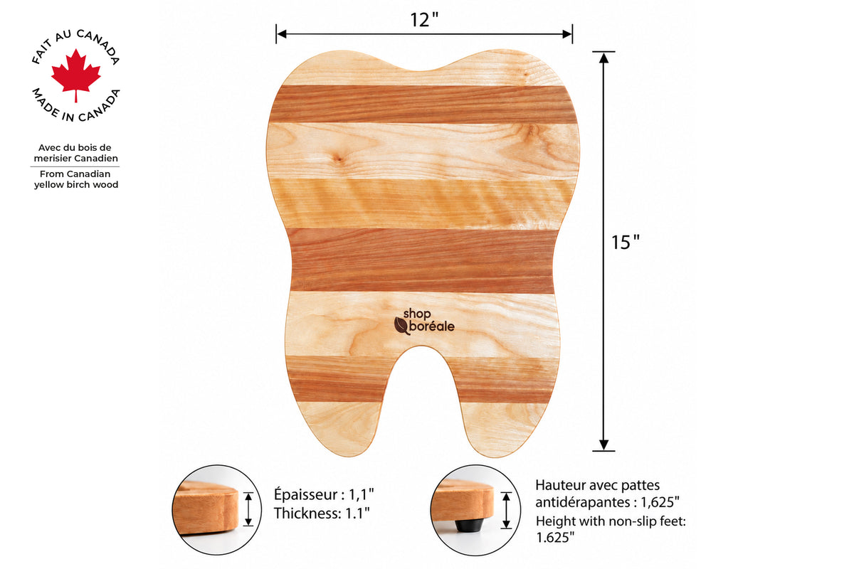 Planche à découper en bois massif en forme de dent, personnalisable et fabriquée au Québec, cadeau original pour dentiste, hygiéniste dentaire ou professionnel de la santé dentaire – Shop Boréale / Tooth-shaped solid wood cutting board, customizable and handmade in Quebec, unique gift for dentists, dental hygienists or dental professionals – Shop Boréale