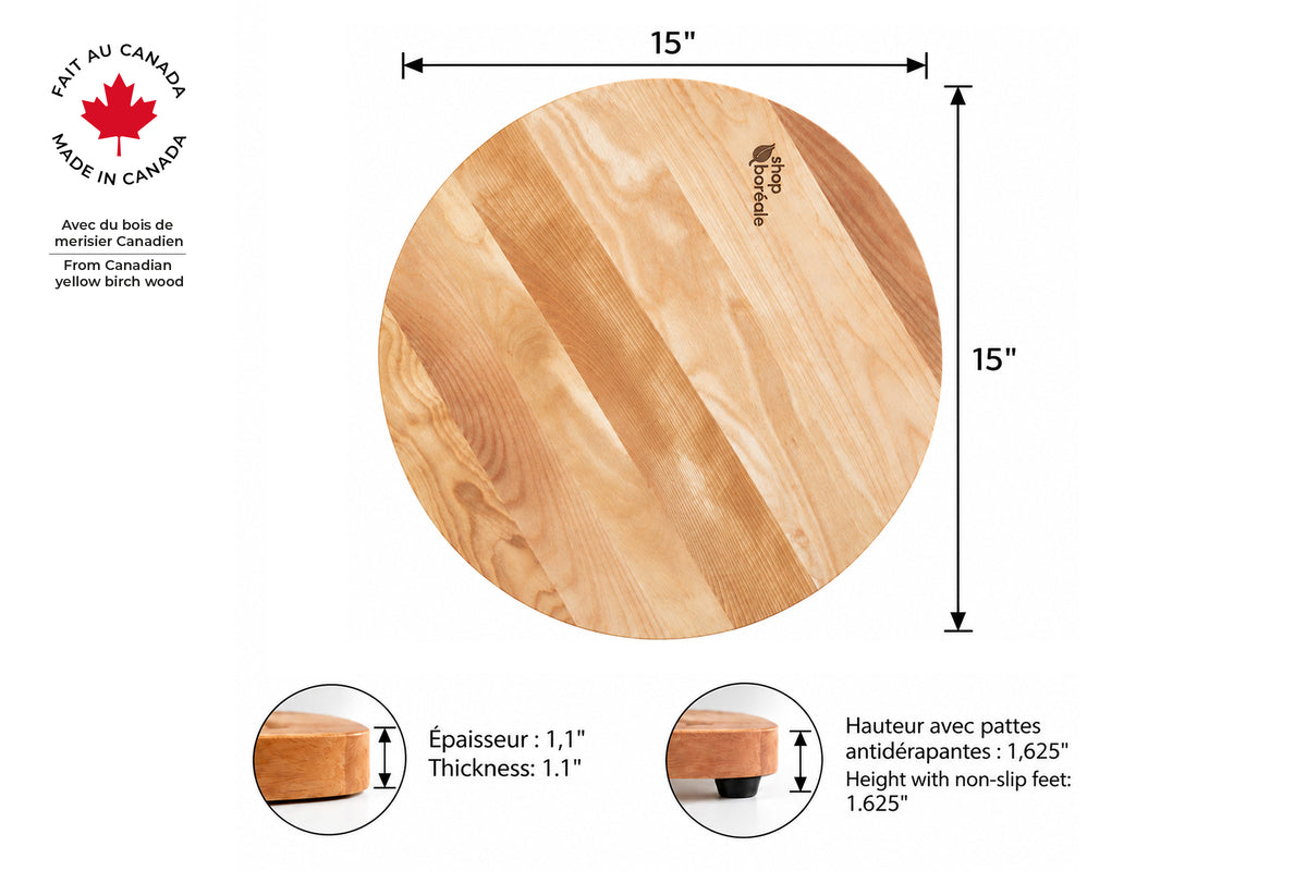 Planche à découper ronde en bois massif artisanale et personnalisable, robuste et idéale pour viande, légumes et cuisine quotidienne – faite à la main au Québec – Shop Boréale / Handcrafted solid wood customizable round cutting board, durable and perfect for meat, vegetables and daily cooking – handmade in Quebec – Shop Boréale