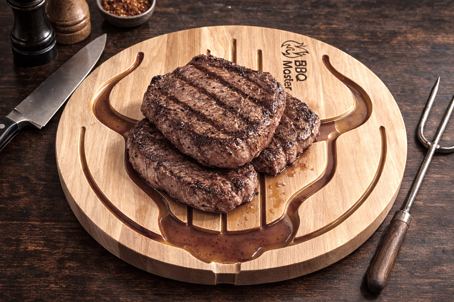 Planche à découper en bois massif avec rainures profondes et réservoir à jus - design en tête de boeuf – idéale pour viande, BBQ, rôtis et steaks – faite à la main au Québec – Shop Boréale / Solid wood carving board with deep grooves and juice well – bull's head design -  perfect for meat, BBQ, roasts and steaks – handmade in Quebec – Shop Boréale