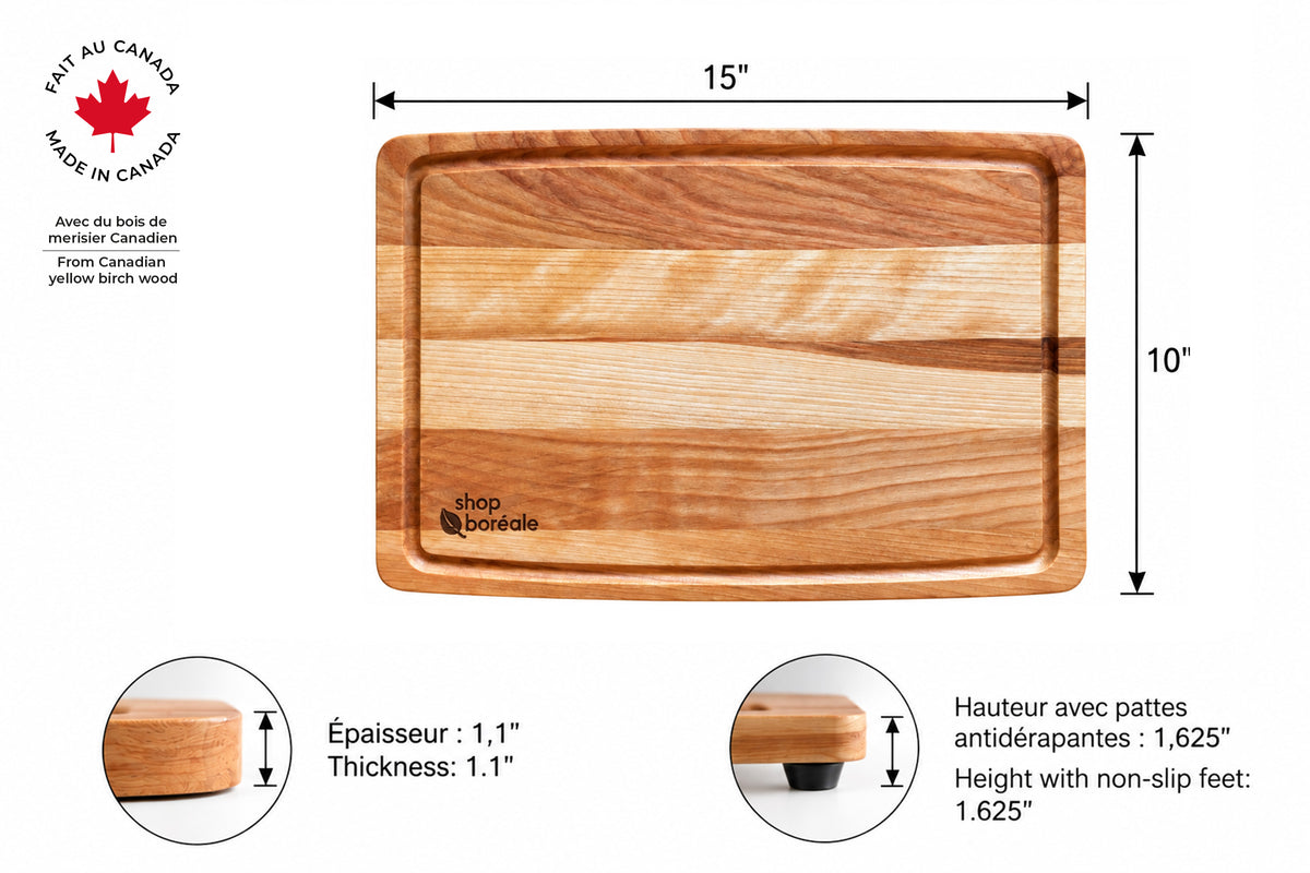 Planche à découper en bois massif artisanale et personnalisable, robuste et idéale pour viande, légumes et cuisine quotidienne – faite à la main au Québec – Shop Boréale / Handcrafted solid wood customizable cutting board, durable and perfect for meat, vegetables and daily cooking – handmade in Quebec – Shop Boréale