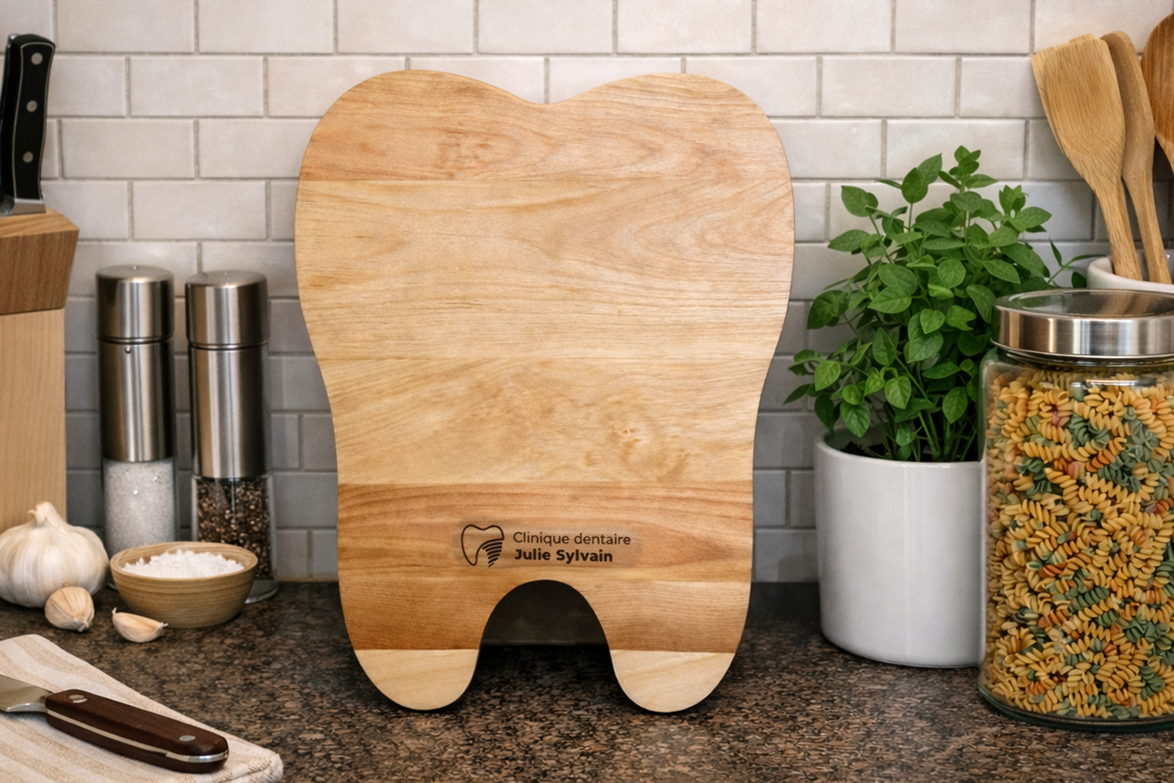 Planche à découper en bois massif en forme de dent et personnalisable, robuste et idéale pour cadeaux corporatifs, cadeaux employés – faite à la main au Québec – Shop Boréale / Customizable, sturdy, solid wood tooth-shaped cutting board, ideal for corporate gifts and employee gifts – handmade in Quebec – Shop Boréale