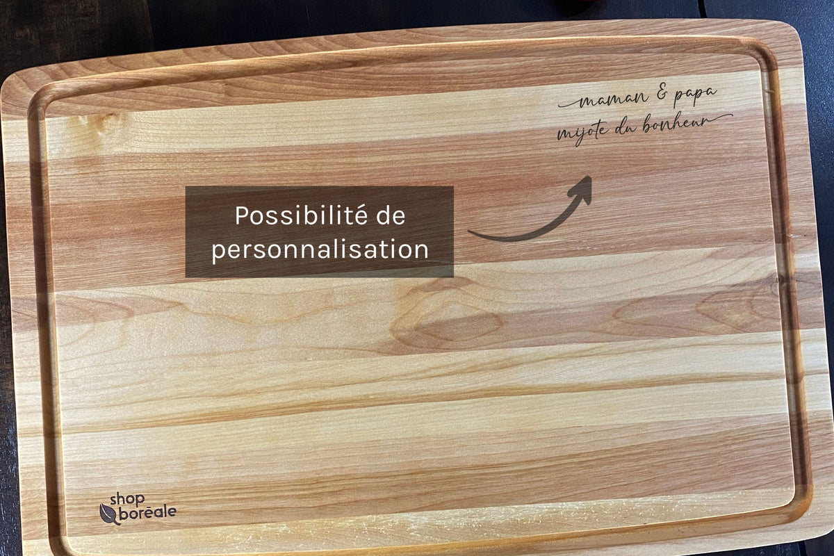 Planche à découper en bois massif artisanale et personnalisable, robuste et idéale pour viande, légumes et cuisine quotidienne – faite à la main au Québec – Shop Boréale / Handcrafted solid wood customizable cutting board, durable and perfect for meat, vegetables and daily cooking – handmade in Quebec – Shop Boréale