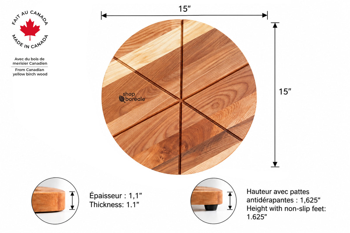 Planche à pizza en bois massif, élégante et personnalisable – idéale pour servir ou couper vos pizzas maison – fait à la main au Québec – Shop Boréale / Elegant customizable solid wood pizza board – perfect for serving or slicing homemade pizzas – handmade in Quebec – Shop Boréale