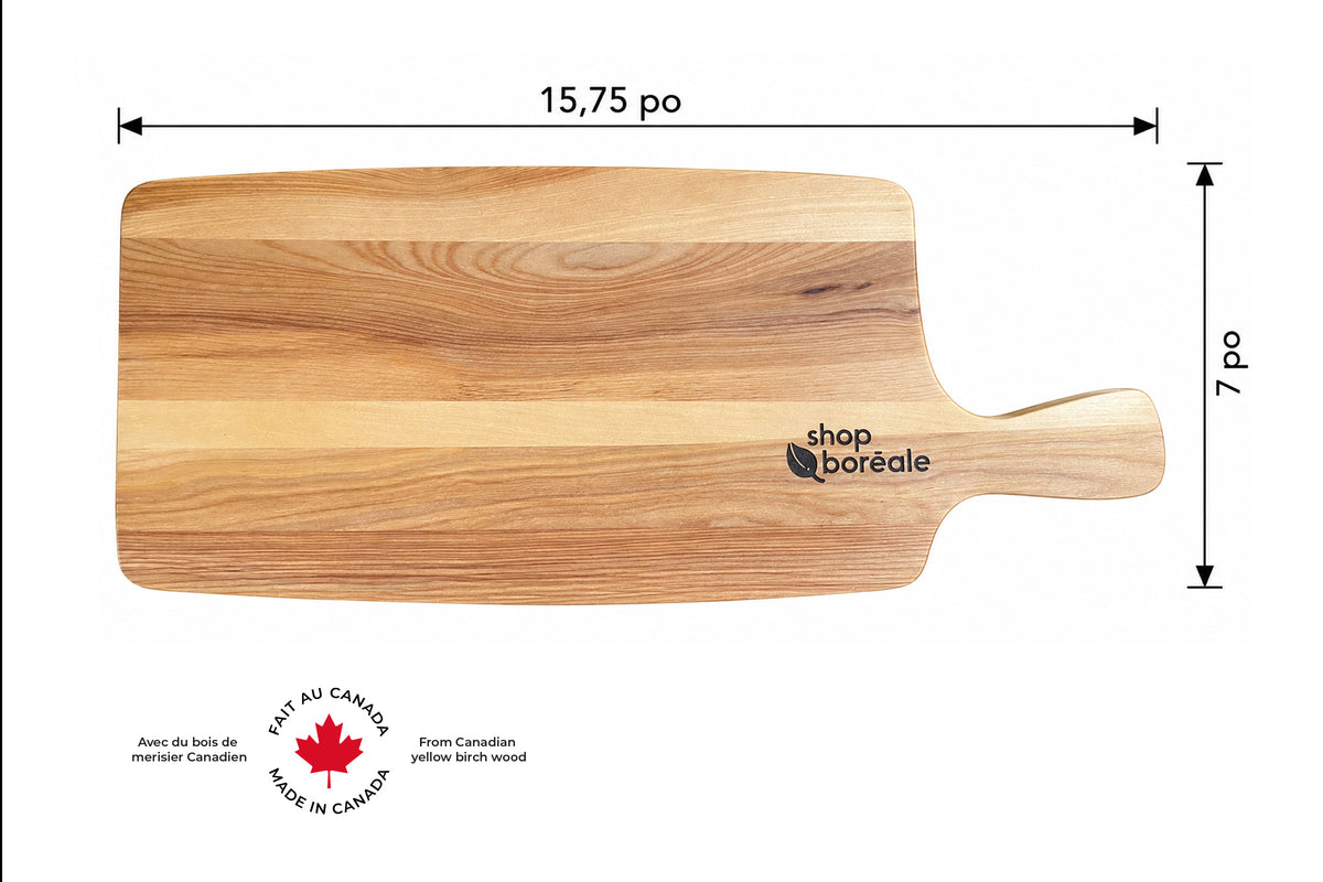 Plateau de service avec poignée en bois massif, élégant et personnalisable – parfait pour apéro, fromage ou charcuterie, cadeau gourmet – fait à la main au Québec – Shop Boréale / Elegant customizable solid wood serving tray – perfect for appetizers, cheese or charcuterie, gourmet gift – handmade in Quebec – Shop Boréale